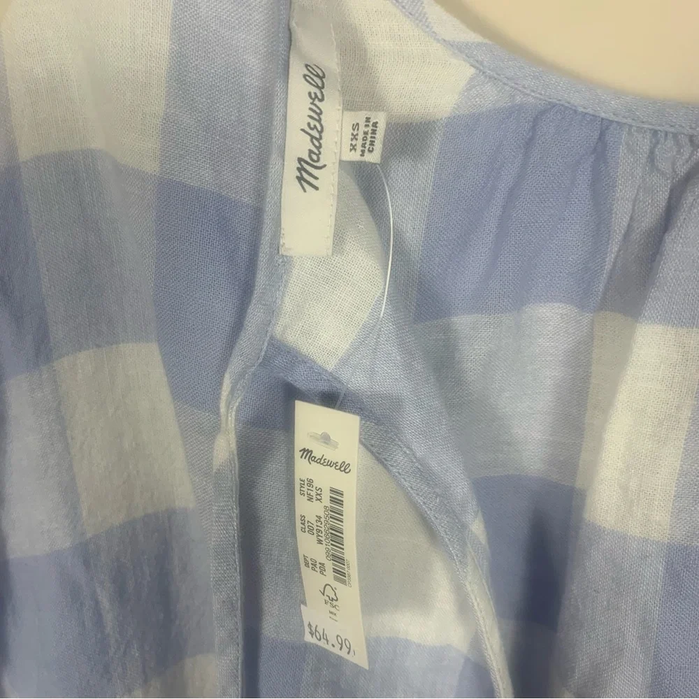 Madewell Linen Blend Split Back Tie Gingham Check Blouse - Picture 5 of 14